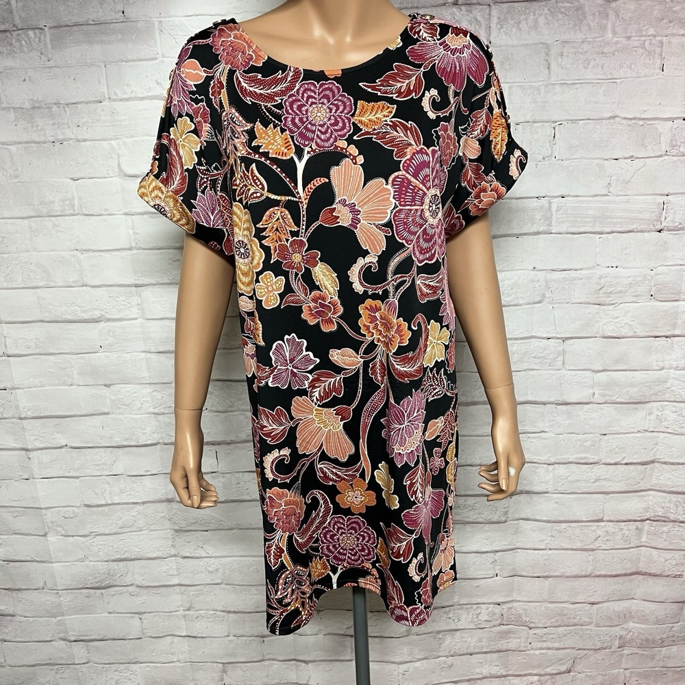 Cocomo Floral Dress Womens Medium Pink Black Short Sleeve Shift Travel Tropical